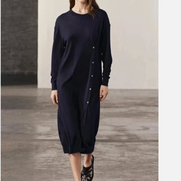 NWT Zara Fine Wool Blend Lightweight Midi Dress  Navy Long Sleeve  Lagenlook M - Picture 3 of 13
